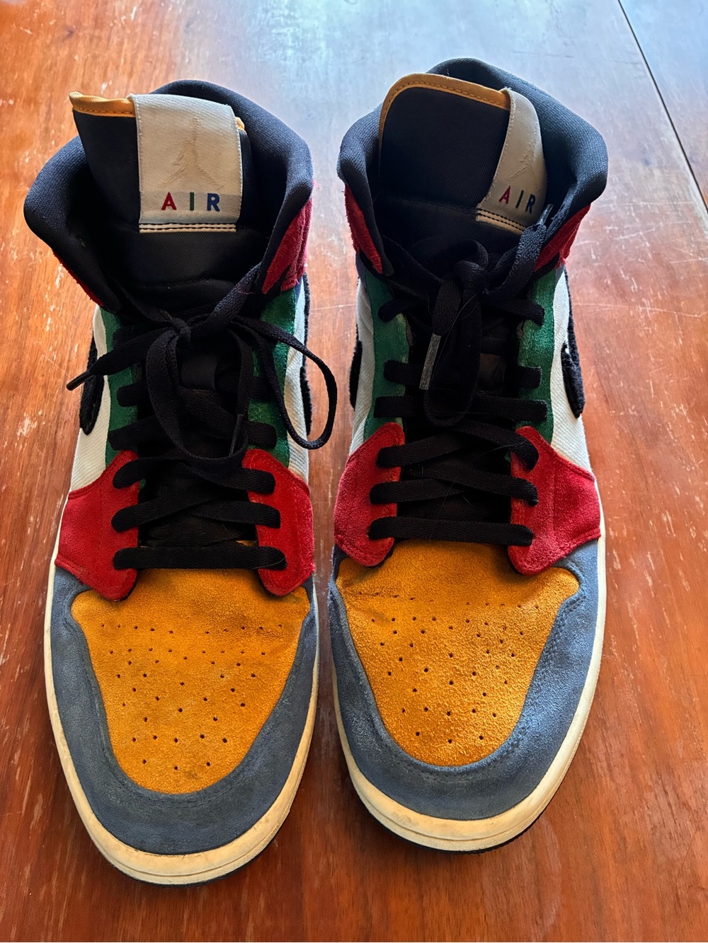 Jordan High-Top Sneakers in Mustard, Red, Green & Gray